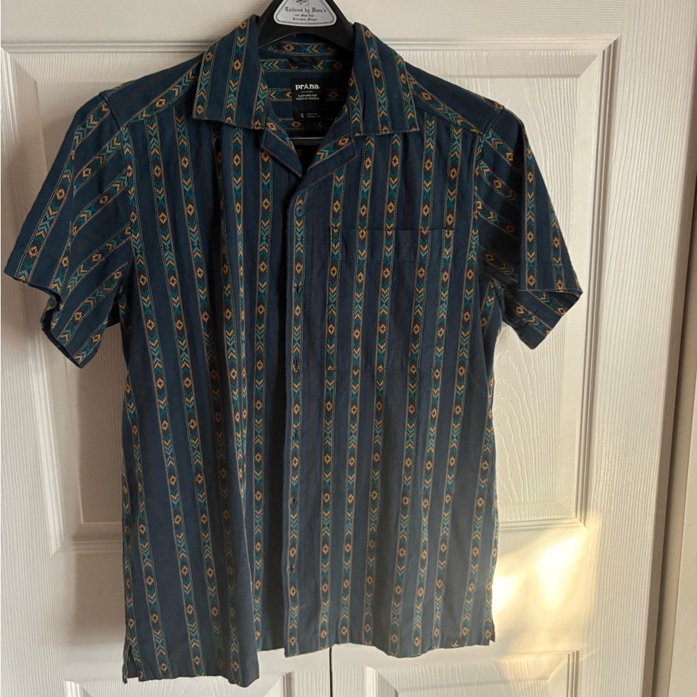 NWT Prana Men's Blue and Yellow Patterned Shirt